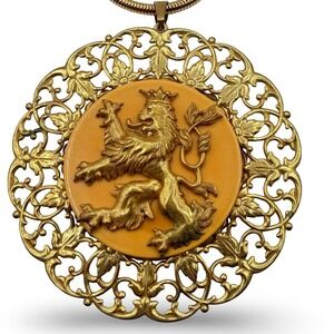 Vintage Miriam Haskell Rampant Lion Pendant Necklace Gold Tone Filigree Signed